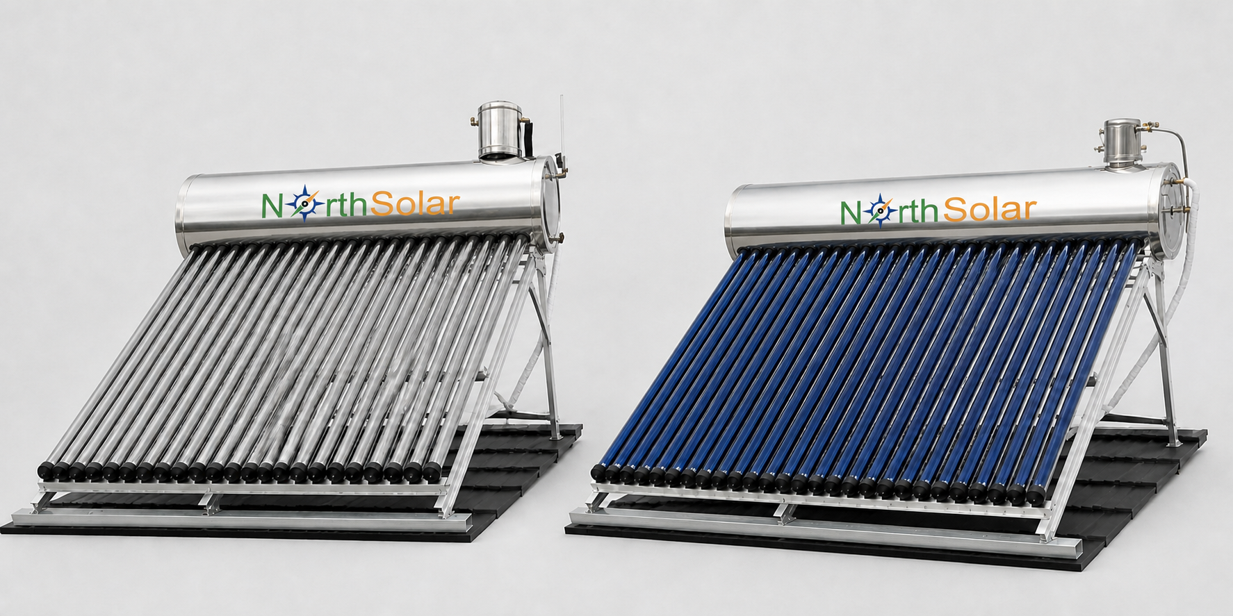 North Solar NS-300WB:G gravity-fed and NS-300WB 300-litre evacuated-tube solar hot water systems shown side by side